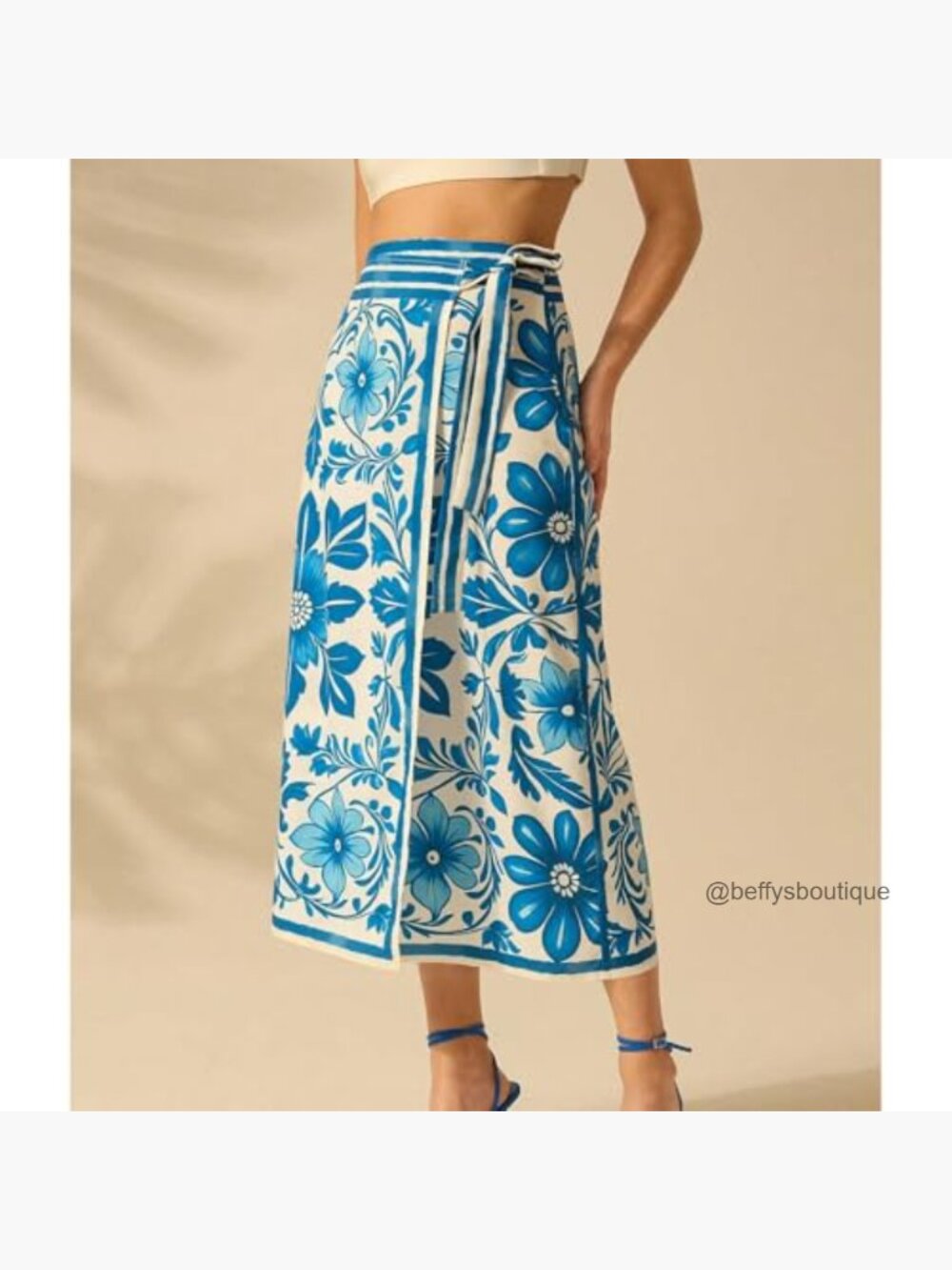 Floral Wrap Midi Skirt High Waist A-Line Boho Flared Side Tie - Picture 3 of 7